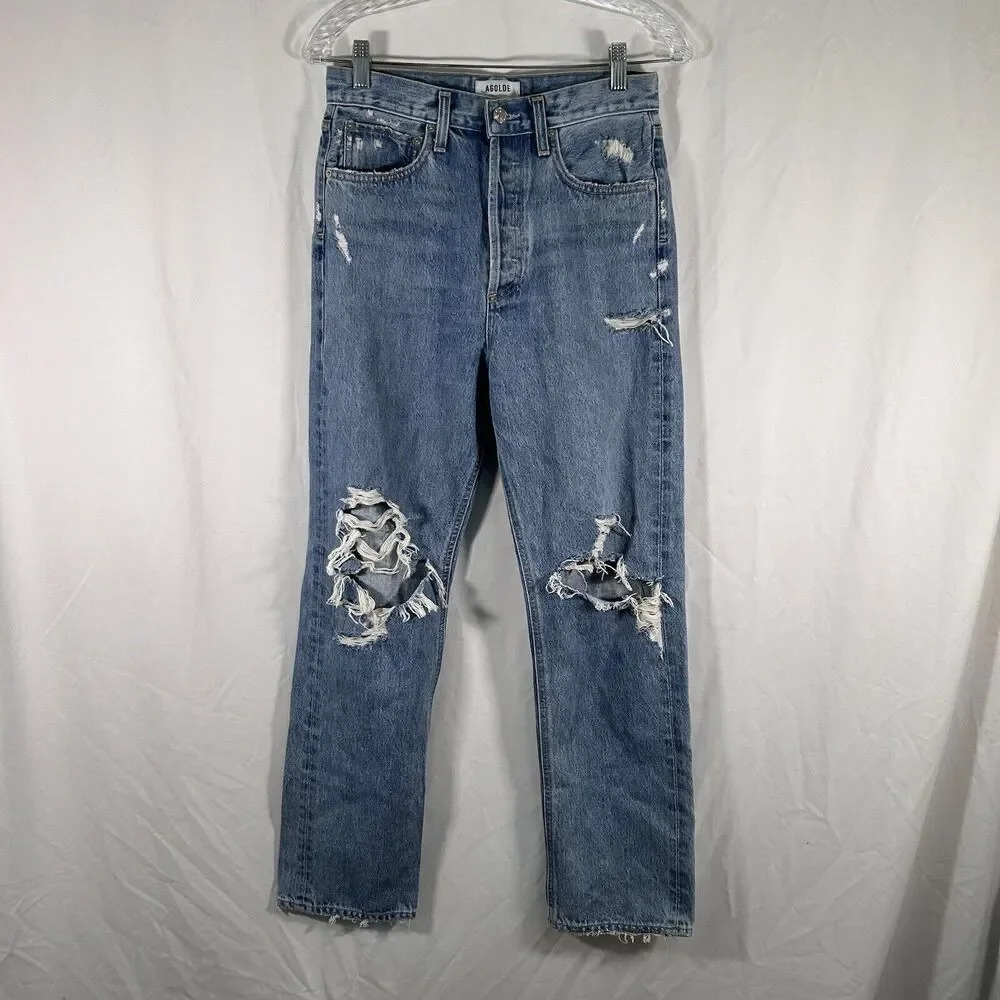 AGOLDE Jeans Women's 25 Light Wash Denim Distressed Button Fly 100% Cotton